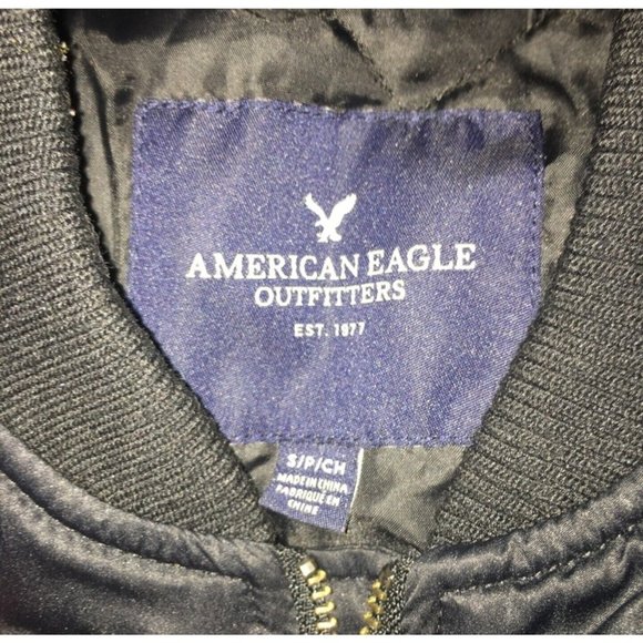 American Eagle | Black Floral Embroidered Black Bomber Jacket Satin | Size Small - Picture 3 of 6